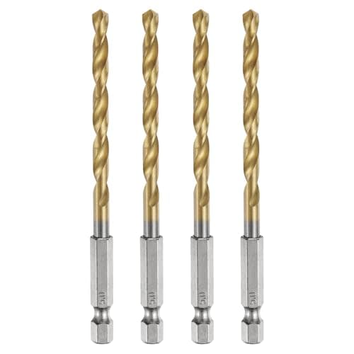 Image of sourcing map 4pcs 1/4" Hex Shank Twist Drill Bits 5mm Titanium Coated High Speed Steel Quick Change Hex Drilling Bit Jobber Drill Bits for Wood Plastic Metal, Gold