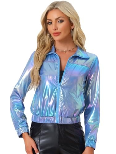 Image of Allegra K Women's Track Jacket Holographic Shiny Metallic Zip Front Jacket Blue Holographic M