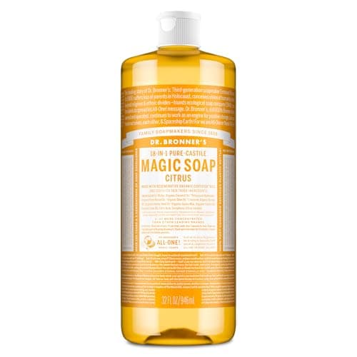 Image of Dr Bronner's 18-in-1 Citrus Orange Pure-Castile Liquid Soap, Made with Organic Oils, Used for Face, Body, Hair, Laundry, Pets and Dishes, Certified Fair Trade & Vegan Friendly, 946ml Recycled Bottle
