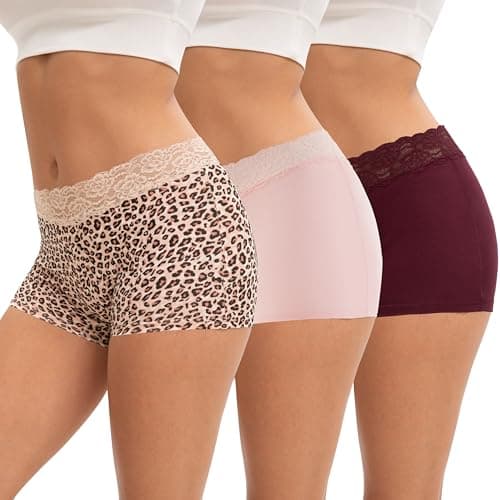 Image of INNERSY Womens Boxers Underwear Cotton Ladies Boxer Shorts Pants Lace Boyshorts Knickers 3 Pack(18, Burgundy/Pink/Leopard)
