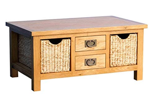Image of RoselandFurniture Surrey Oak Coffee Table with Baskets & Storage Drawers | Traditional Rustic Waxed Solid Wooden Rectangular Living Room Furniture, Fully Assembled, H:42cm W:90cm D:55cm