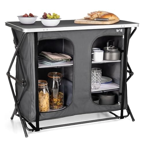 Image of Trail Folding Double Camping Cupboard with 6 Adjustable Shelves & Worktop, Camping Kitchen Storage Unit with Steel Frame, Pre-Attached Water-Resistant Cover & Carry Bag, H82cm x W96cm x D48cm