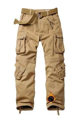Image of VATINNT Men's Fleece Lined Work Cargo Trousers, Thermal Multi Pockets Camouflage Military Tratical Pants 3358 Khaki 38