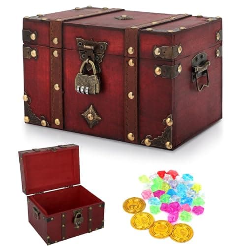 Image of CSPone Durable Wooden Treasure Chest with Lock - Decorative Wood Storage Box - Kids Pirate Treasure Chest