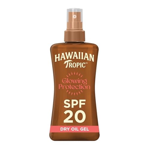 Image of Hawaiian Tropic Glowing Protection Sunscreen Dry Oil Gel, Water Resistant SPF 20 UVA plus UVB Protection Sunscreen Spray, Tropical Scent Sun Lotion with Coconut Oil, 200 ml