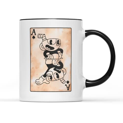 Image of WillowGifts Cuphead and Mugman Mug Tea Coffee Cup Game Twin Brother Family Inkwell Isle Player Show Adventure Trouble Daredevil Cartoon Chef Saltbaker Gift Present (Black Handle)