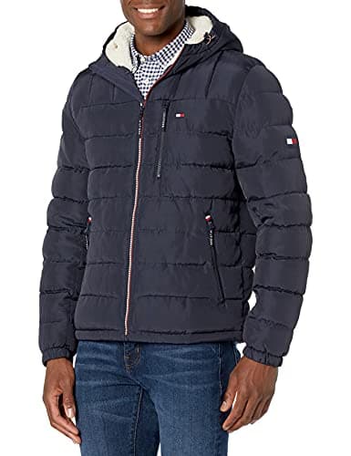 Image of Tommy Hilfiger Men's Midweight Sherpa Lined Hooded Water Resistant Puffer Jacket, Midnight Tech, M