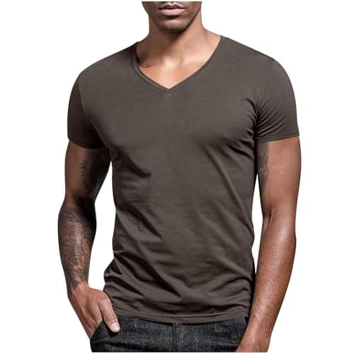 Image of Gubsssl Gym T Shirts Men UK Short Sleeve Summer Shirts Running Tops Teenager Plain Tee V Neck Tshirts Comfortable Activewear Soft Sportswear Sports Clothes Running Clothing T-Shirts Coffee S