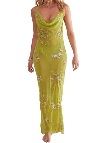 Image of SANSIWU Women's Glitter Sheer Mesh See Through Dress Y2k Floral Bodycon Mesh Maxi Dress Beach Cover Up (A-Green, L)