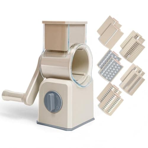 Image of Manual Vegetable Slicer - Patented Drum Cutter w/Interchangeable Blades, Safe & Fast Hand Crank Operation - for Carrots, Cucumbers, Onions, Fruits (Upgraded Stainless Steel Blades) (Beige, 5 Blades)
