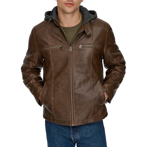 Image of Levi's Men's Faux Leather Hooded Racer Jacket, Saddle, L