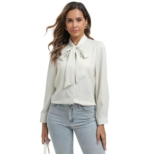 Image of SUNNOW Womens Cream Satin Bow Tie Neck Button Up Shirt Long Sleeve Tops Dressy Business Casual Blouse, Cream, XL