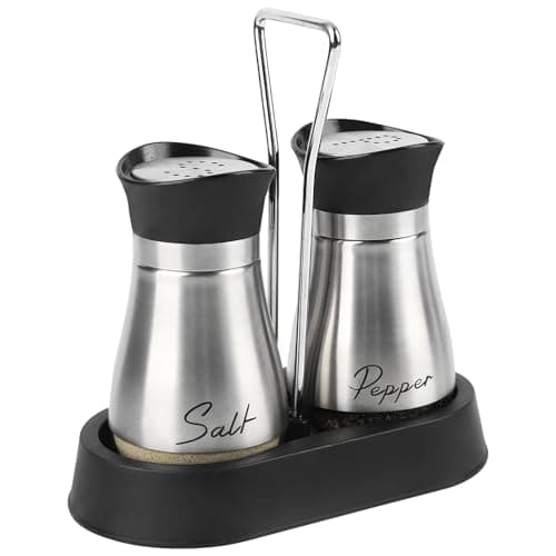 Image of Salt and Pepper Sets, Salt and Pepper Shakers with Holder, Set of 2 Stainless Steel and Glass Bottle Salt Shaker Cellar Dispenser for Kitchen, Cooking, Camping (Stainless Steel)