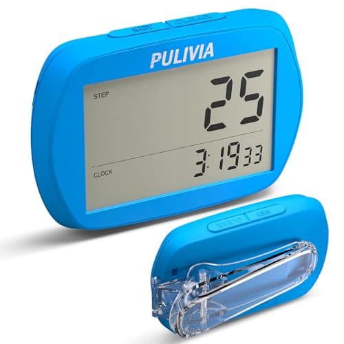 Image of PULIVIA Pedometer for Walking 3D Step Counter with Clock, Simple Operation Portable Steps Tracker with Clip Lanyard, Blue