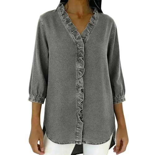 Image of TURWXGSO Women's Summer Denim Blouse V Neck Button Down 3/4 Sleeve Shirt Ruffle Neck Side Split Jean Blouse Casual Elegant Loose Fit Tops Daily Vacation Party Tops for Ladies