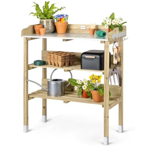 Image of Christow Wooden Potting Table With Storage, Outdoor Garden Work Bench Station, Aluminium Worktop, 2 Shelves, 5 Galvanised Metal S-Hooks, Gardening Greenhouse Workstation, H89cm x W76.5cm x D37cmv