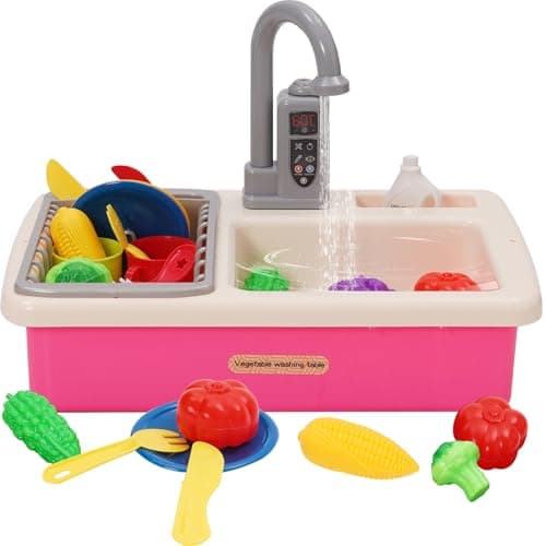 Image of Toddler Play Sink with Running Water,Pretend Role Play Kitchen Toys for Kids with Accessories Vegetable Fruit,Electric Dishwasher with Automatic Water Cycle System,Water Play Gifts For Boys Girls,Pink