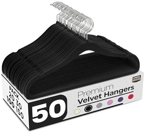 Image of Utopia Home Pack of 50 Velvet Suit Hangers - Heavy Duty Non-Slip Premium Hangers for Adult Clothes - 360 Degree Swivel Hook, Black