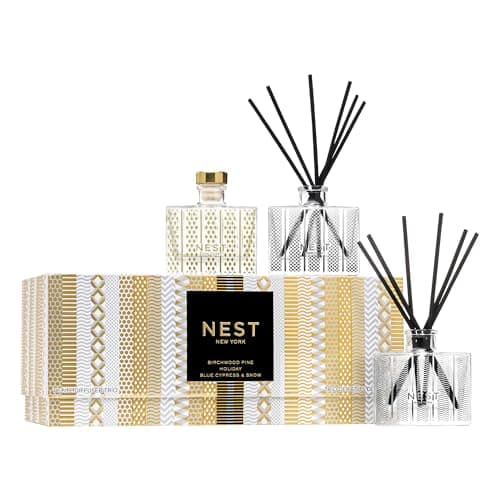 Image of NEST New York Festive Petite Diffuser Trio - 1.3 fl oz Each - Includes Holiday, Birchwood Pine, and Blue Cypress & Snow - Fragrance for Up to 90 Days - Includes All-Natural Reed Sticks - Flame Free