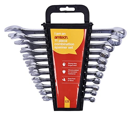 Image of Amtech K0425 Combination Spanner Set, 11 Pieces Chrome Plated, Corrosion Resistant, Supplied with Storage Rack, 6mm-19mm