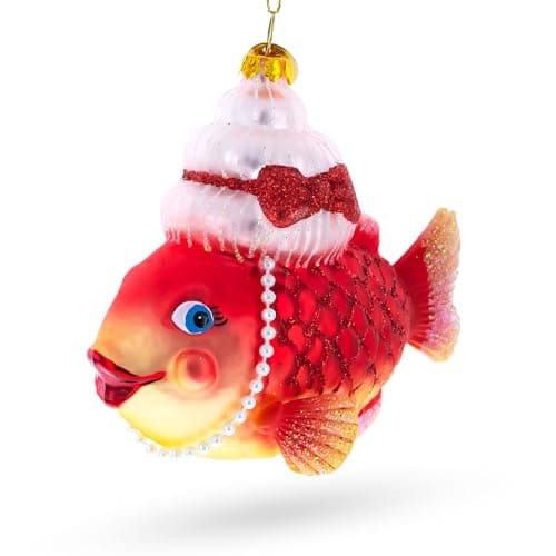 Image of Grandma Fish in Santa Hat Blown Glass Christmas Ornament