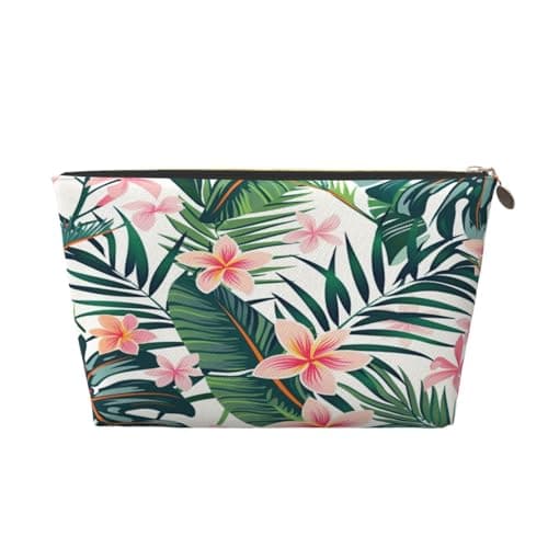 Image of Small Makeup Bag for Purse - Waterproof Travel Toiletry Cosmetic Bags Portable Leather Makeup Storage Pouch Women Cosmetic Accessories Organizer(Tropical Palm Leaves Flowers)