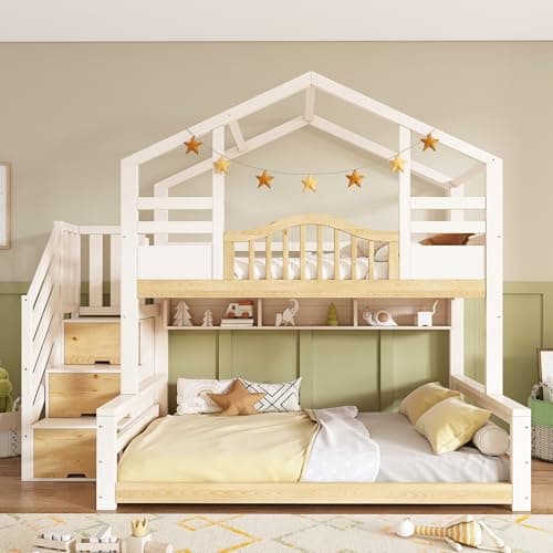 Image of Merax Double Bunk Bed,Children's triple sleeper Bunk beds,with Storage Stair&Shelf&Fall Protection and Railings&Smallhouse Shaped Design, Solid Wood, White&Natural(90+135) x190cm