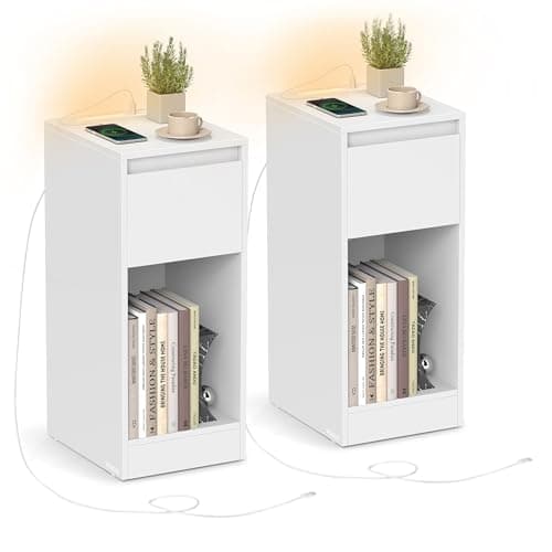 Image of VASAGLE Slim Bedside Tables with Charging Station and LED Light, Set of 2 Narrow Side End Tables, USB Ports, Drawer and Open Compartment, for Bedroom, Living Room, Cloud White LET710W01