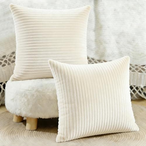 Image of ABOHU Set of 2 Striped Corduroy Square Throw Pillow Case, Soft Corduroy Pillow Cover Sham Home, Decorative Pillowcases 45 x 45cm（18 x 18 Inches） for Home decor Sofa Couch Bedroom, Creamy White