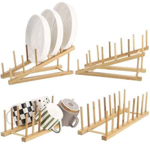 Image of Skdqiee 4 Pcs Wooden Plate Rack Set, Multi-Slot Dishes Organizer, Dish Organizer for Kitchen, Storage, Easy Assembly Drying Rack for Bowl, Cup, Tray, Cutting Board