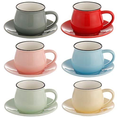 Image of All-Pie Porcelain Espresso Cups with Saucers - 108 ml/3.65 oz - Set of 6, Small Coffee Tea Cup 6 Colors