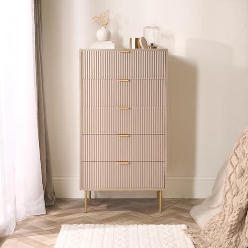 Image of OHS 5 Drawer Chest of Drawers, Ribbed Tall Dresser for Bedroom Space Saving Wooden Storage Cabinet with Metal Handles Decorative Side Tables for Bedroom Living Room Hallway, Natural