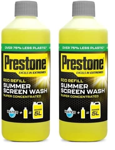 Image of Prestone Eco Refill Summer Screenwash Concentrate, Summer Eco Screen Wash For Cars, High Performance Cleaning With Streak Free Formula, 500ml Super Concentrated Screenwash, 5L When Made Up (Pack of 2)