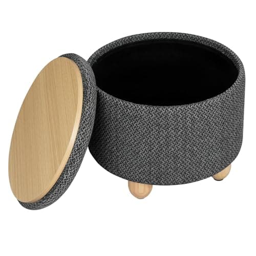 Image of WOLTU Round Stool with Storage Space, Footstool with Lid, Padded Stool, Solid Wood Legs, Linen Cover, Diameter 39x33cm, Grey