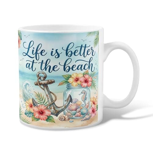 Image of Anchors Ceramic Coffee Mug, Beach Tropical Seashell Seahorses Summer Blue Novelty Work Drinking Mugs with Handle Ideal for Friendship Family Colleague Teachers Sweetheart Staff 11 Oz