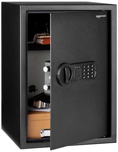 Image of Amazon Basics Steel Home Security Electronic Safe with Programmable Keypad Lock, Secure Documents, Jewelry, Valuables, 51L, Black, 35W x 33D x 50H Centimeters