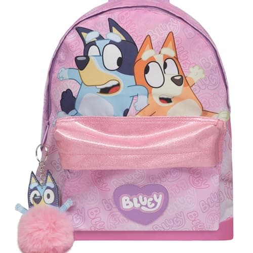 Image of Bluey & Bingo Pink Backpack – Nursery & School Bag with Glitter Trim Front Pocket, Water Bottle Holder & Pom Pom Keyring – Official Girls & Boys Rucksack, Ages 3+