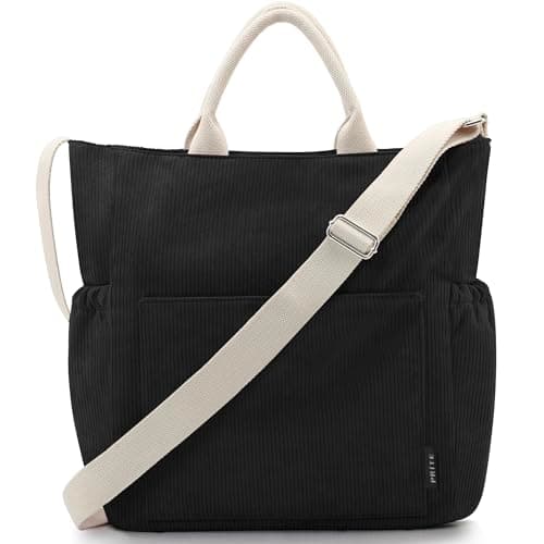Image of Prite Corduroy Tote Bag for Women with Zipper Large Capacity Shoulder Bags with Adjustable Strap and Pockets Waterproof Handbag for Work School Shopping Travel College (Black)