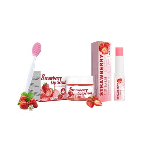 Image of Strawberry Lip Scrub and Strawberry Lip Balm with Brush Set, 3PCS Natural Exfoliator & Moisturize Lip Care Gift Set, Dark Lips Treatment for Smoker, Soothe & Hydrate for Dry Chapped, Dark Lips