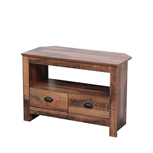 Image of Kingwudo®Wooden Corner TV Units TV Stand Cabinet with 2 Drawers and Shelf Corner Cabinet Storage Units for Living Room,W85xD39xH58cm