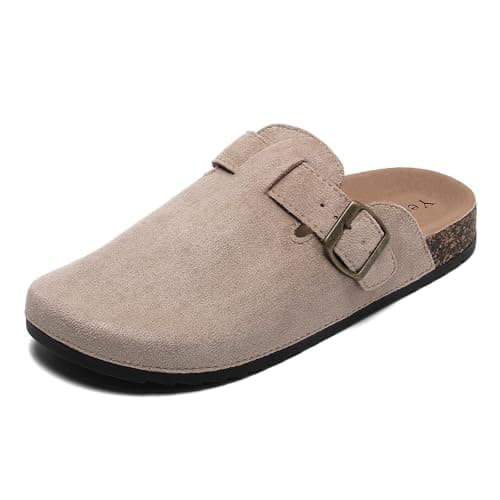 Image of Suede Clogs Women Leather Mules Men Soft Cork Footbed Adjustable Buckle with Arch Support Closed Toe Sandals Potato Shoes Anti Slip Unisex Beige