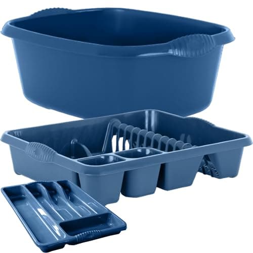 Image of KetoPlastics Navy 3 Piece Kitchen Set - Washing Up Bowl, Cutlery Tray, Large Dish Drainer For Home Kitchen - Made in UK