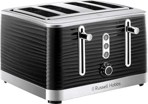 Image of Russell Hobbs Inspire 4 Slice Toaster (Extra wide slots, High lift feature, 6 Browning levels, Frozen/Cancel/Reheat function with Blue LED illumination, 1800W, Black textured high gloss) 24381