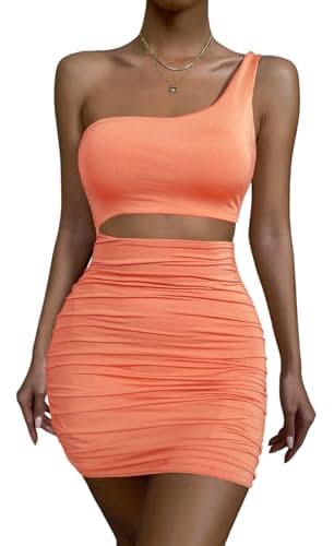 Image of Zesoyne Womens Sexy 1 Shoulder Sleeveless Ruched Club Dress Bodycon Cut Out Mini Dress Medium Orange Pink