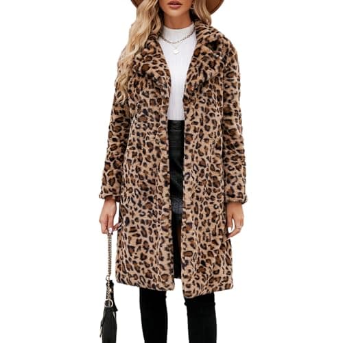 Image of FeMereina Womens Faux Fur Coats Leopard Jackets Loose Warm Fall Winter Fluffy Jacket Outwear (Khaki, L)