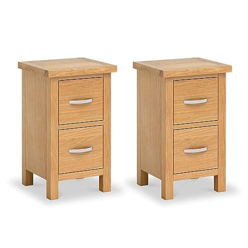 Image of London Oak Slim Bedside Table Set of 2 Storage Cabinet Units | Pair of Roseland Furniture Solid Wooden Side End Night Stands with 2 Drawers for Bedroom, Bathroom, Office | Fully Assembled