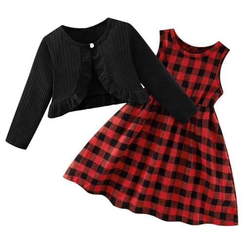 Image of Miyanuby Toddler Baby Girls Dress and Cardigan 18-24 Months Girl Plaid Sleeveless Sundress + Long Sleeve Ruffle Shrugs Sets