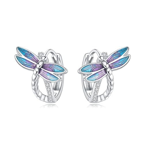 Image of CYMYSS Colorful 925 Sterling Silver Hoop Earrings for Women Huggies Earrings Hypoallergenic Silver Hoops for Women (Dragonflies)