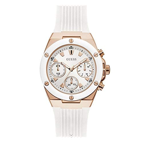 Image of GUESS Ladies Sport Clear Multifunction 39mm Watch – Transparent Dial Rose Gold-Tone Stainless Steel Case with Pink Transparent Polycarbonate Strap, White/Rose Gold Tone/White, Athena