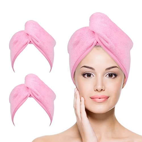 Image of YoulerTex Microfiber Hair Towel Wrap for Women, 2 Pack 10 inch X 26 inch, Super Absorbent Quick Dry Hair Turban For Drying Curly, Long & Thick Hair (Pink)